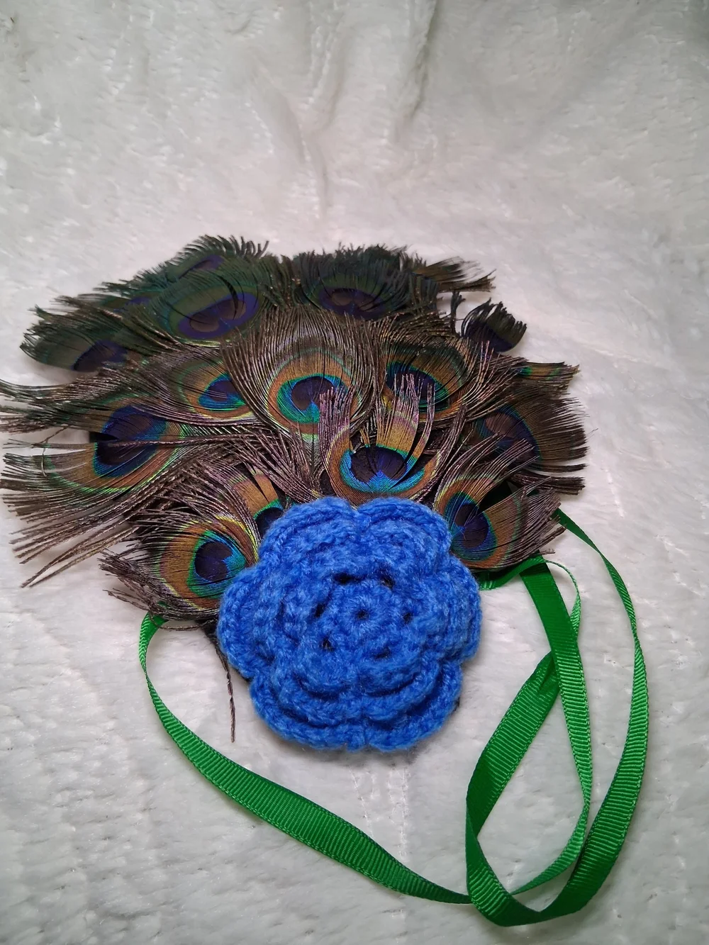 Handmade Peacock Feather Half Skirt with Blue Crochet Flower